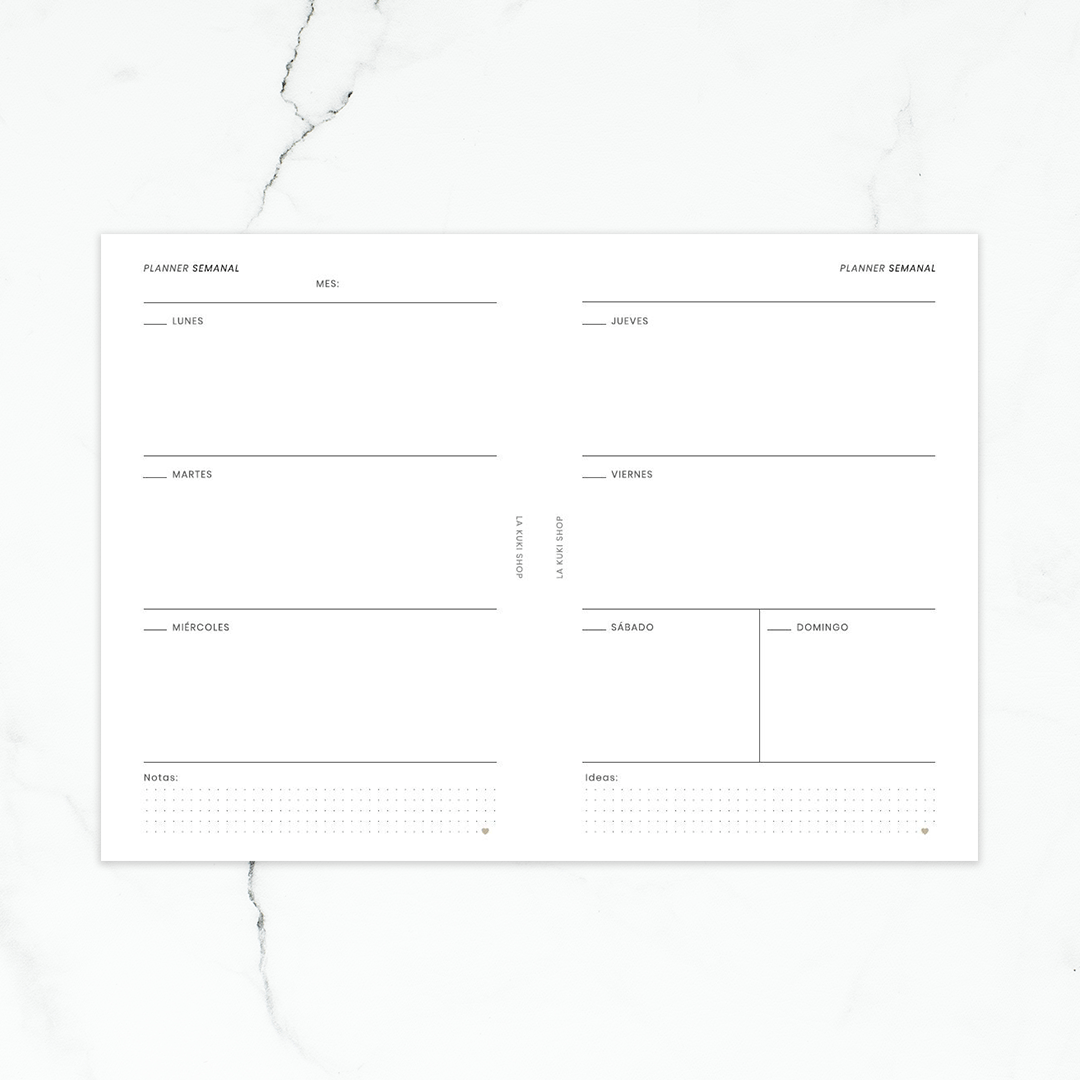 Vista semanal del recambio A5 para agenda de anillas, diseño horizontal.