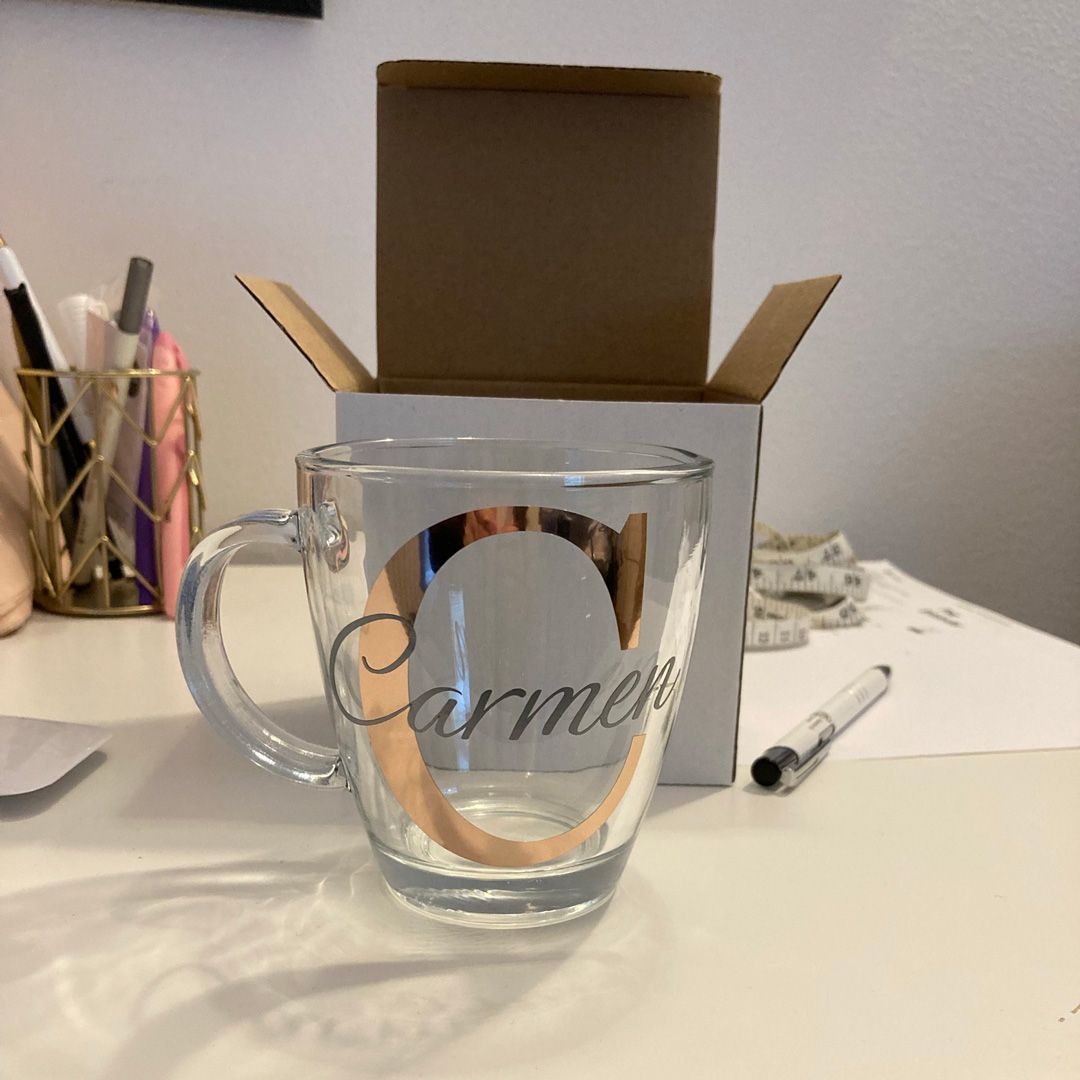 Taza de cristal personalizada Dorado Rosa y Plata