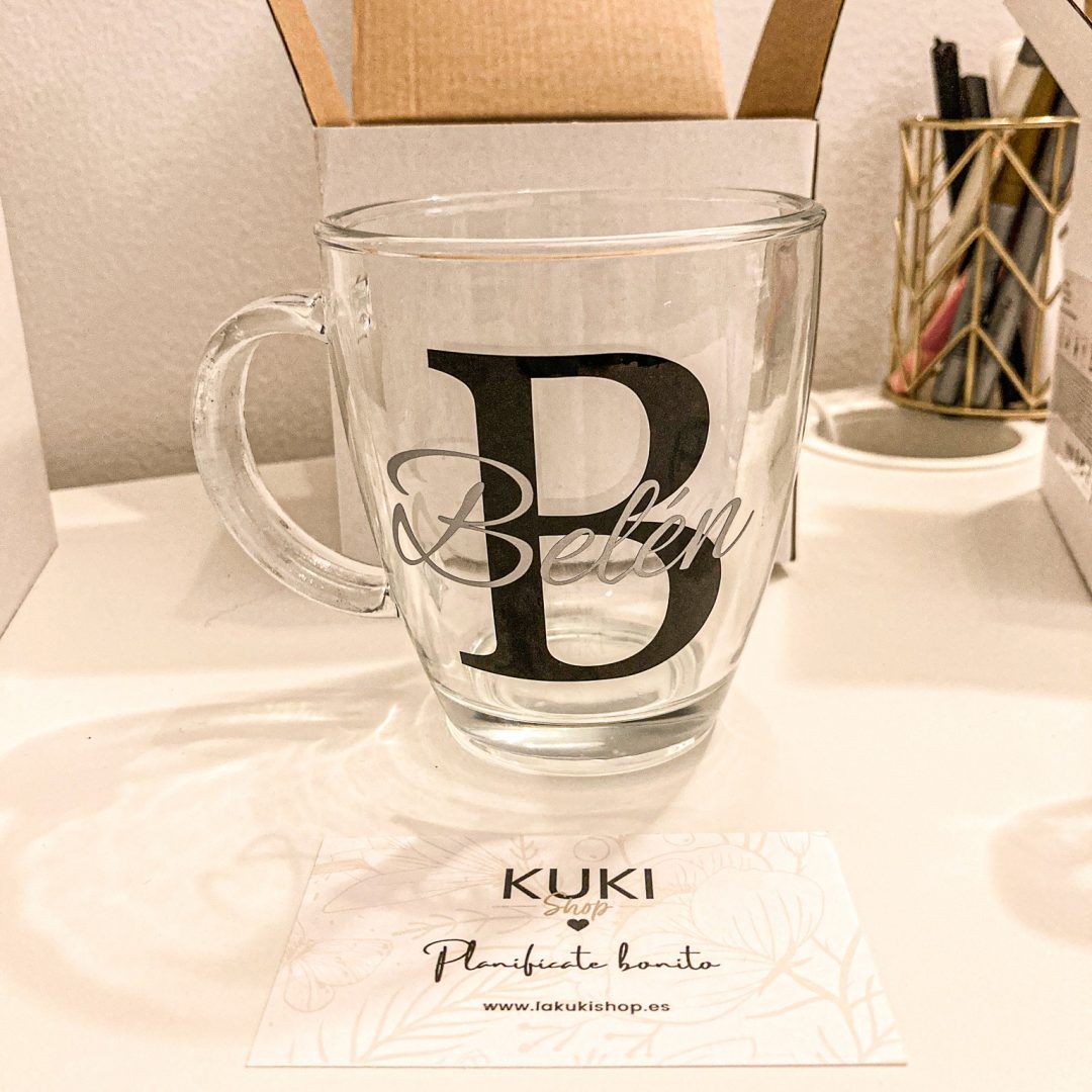 Taza de cristal personalizada Negro y Plata
